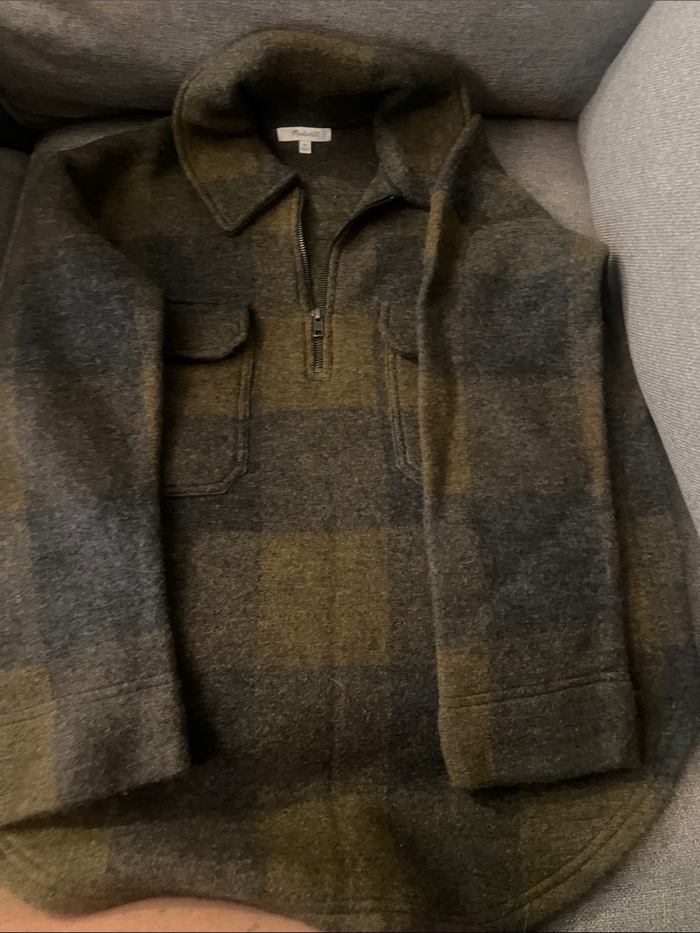 Madewell Olive & Charcoal Plaid Half-Zip Sweater Jacket